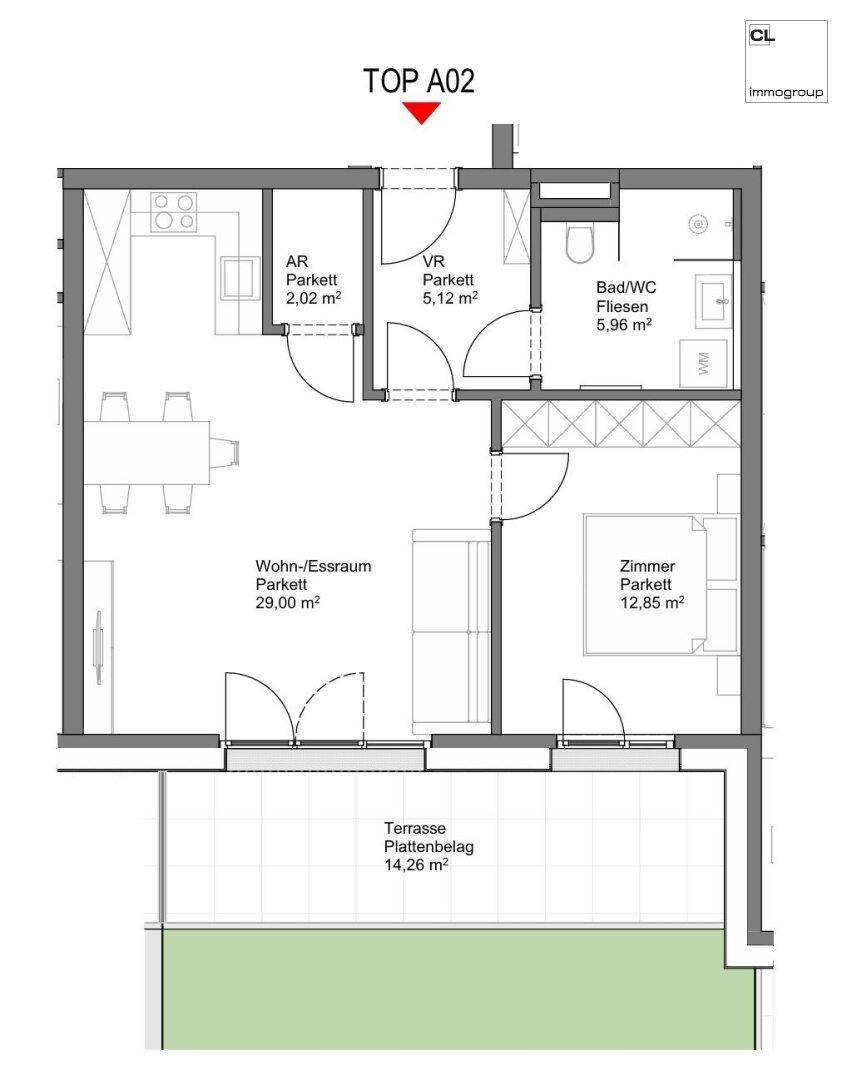 Detaillierter Grundriss der Wohnung TOP A02 mit offenem Wohn-Essraum, einem Zimmer und einer Terrasse.