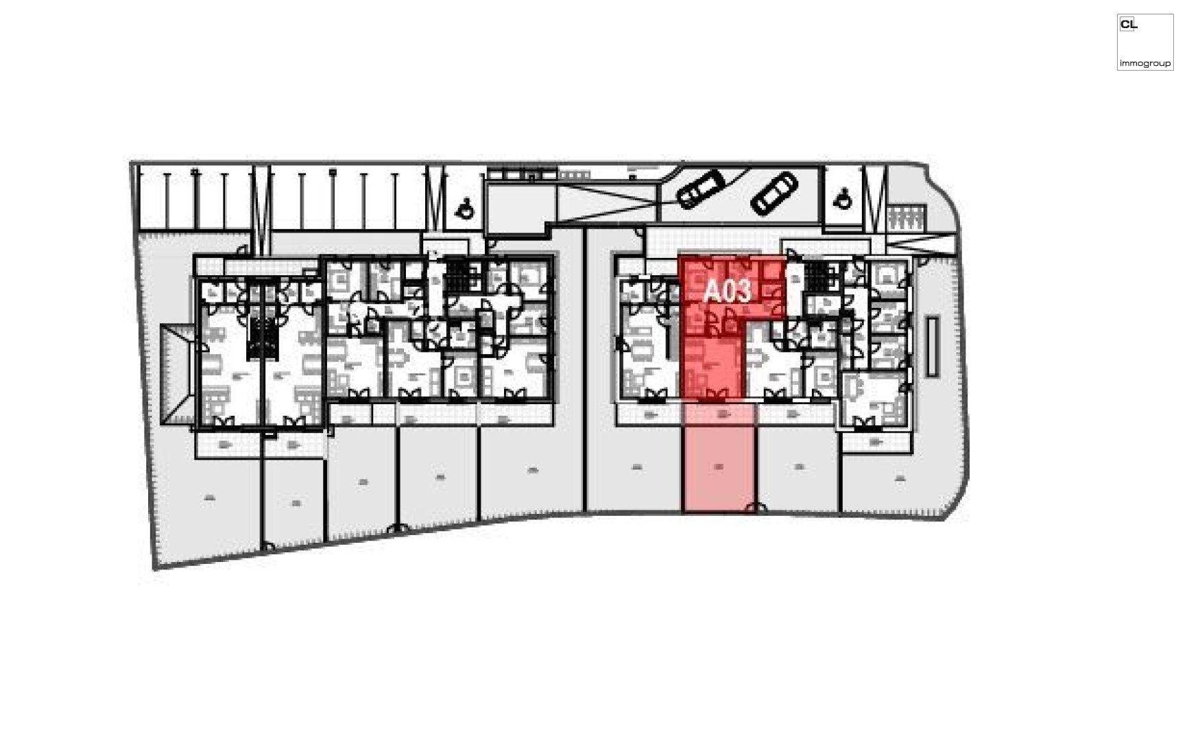 Übersichtsgrundriss einer Etage mit markierter Wohnung A03 und Tiefgaragenzugang.