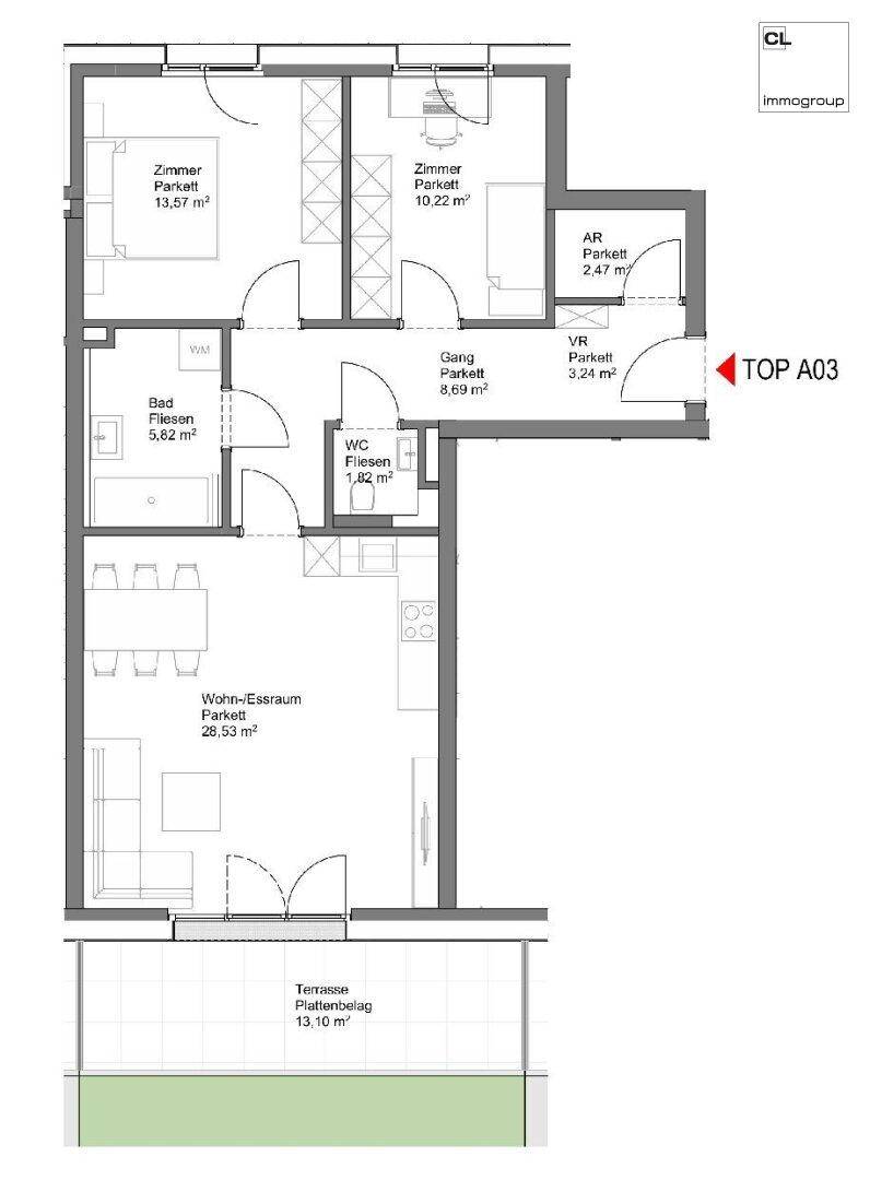 Detaillierter Grundriss der Wohnung TOP A03 mit Wohn-Essbereich und Terrasse.
