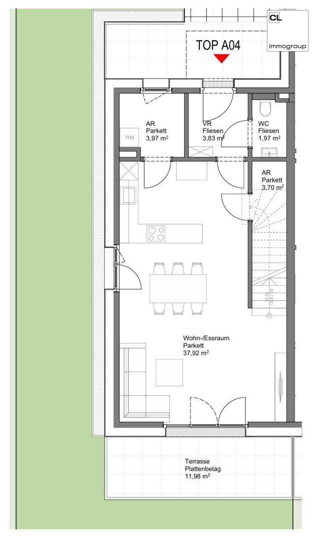 Grundriss einer Wohnung mit offenem Wohn-Essbereich, Terrasse und separatem WC.