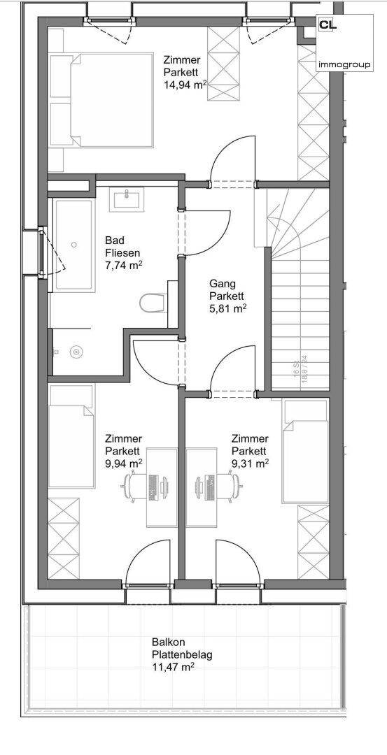 Obergeschoss-Grundriss mit drei Schlafzimmern, einem Badezimmer und einem Balkon.