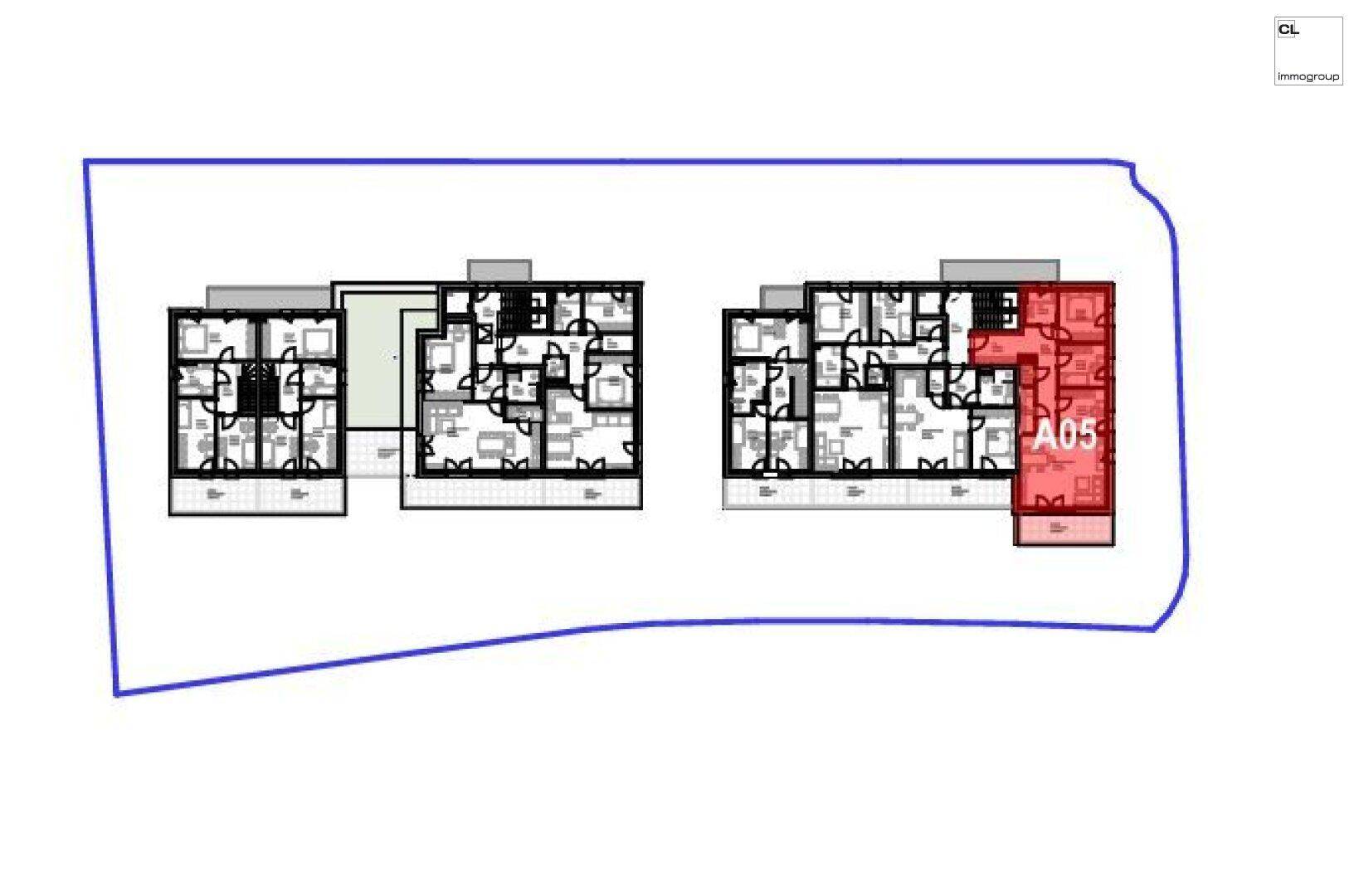 Übersichtsgrundriss der Wohneinheiten in einem Gebäude, Wohnung A05 hervorgehoben.