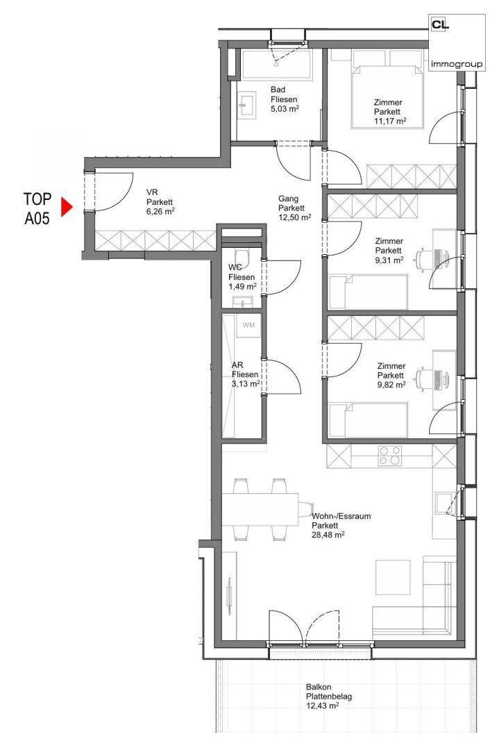Grundriss der Wohnung TOP A05 mit Wohn-Essbereich, drei Zimmern und Balkon.