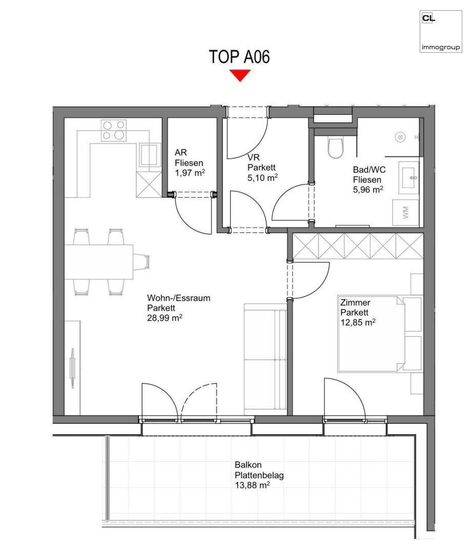 Grundriss der Wohnung A06 mit Wohn-Essbereich, Schlafzimmer, Bad und Balkon.