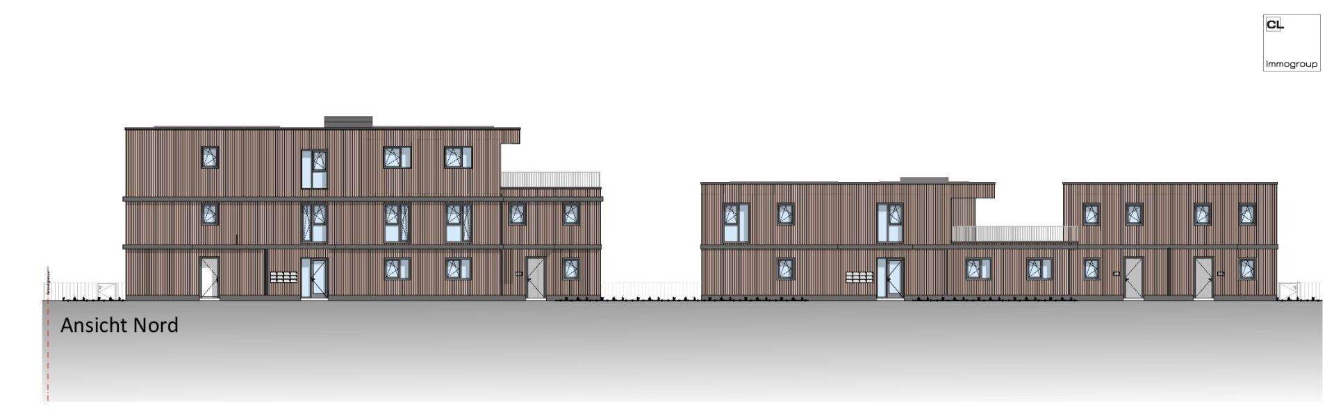 Architektonische Nordansicht der modernen Wohngebäude mit Holzfassade.