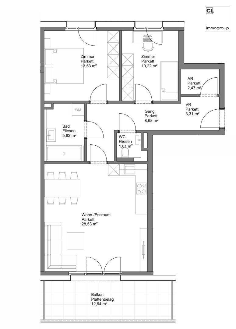 Detaillierter Grundriss einer Wohnung mit Wohn-Essbereich, zwei Zimmern und Balkon.
