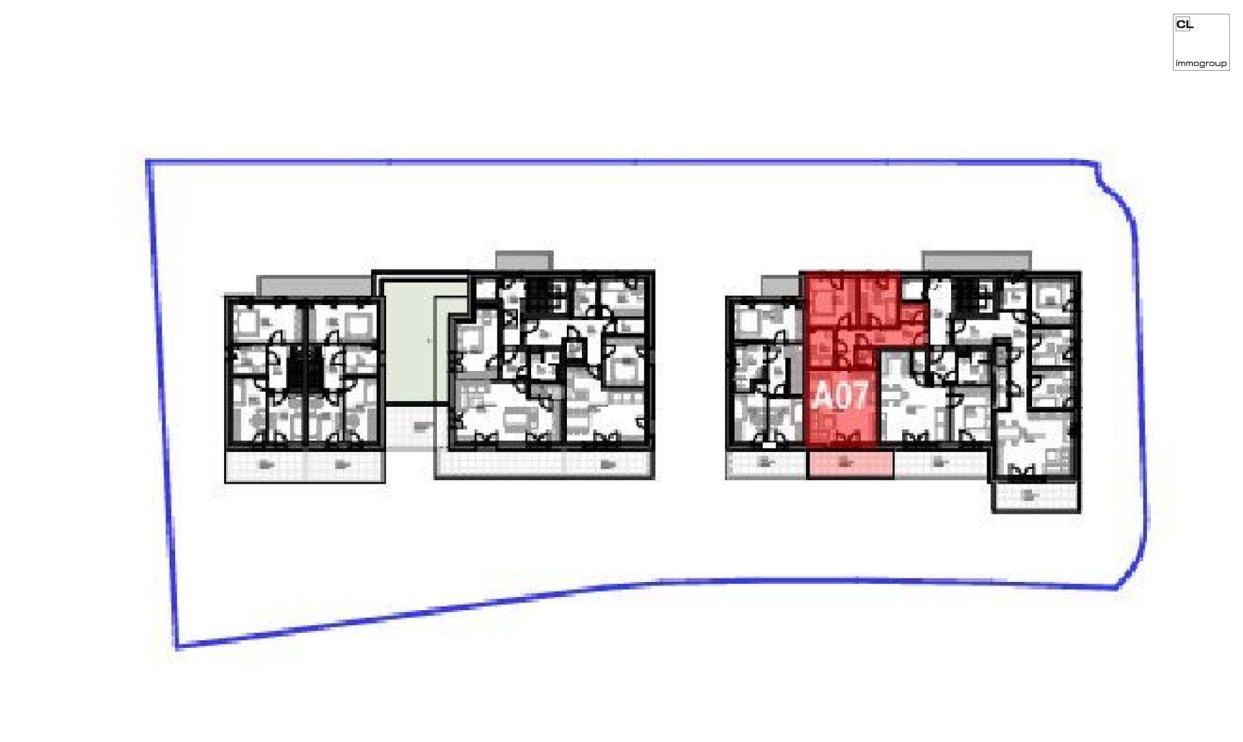 Übersichtsplan der Wohneinheiten in zwei Gebäuden, mit einer hervorgehobenen Wohnung.