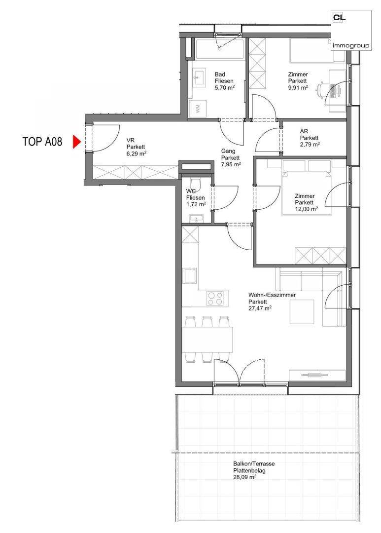 Grundriss einer Wohnung mit offenem Wohn-Esszimmer, separaten Zimmern und großzügiger Balkon/Terrasse.
