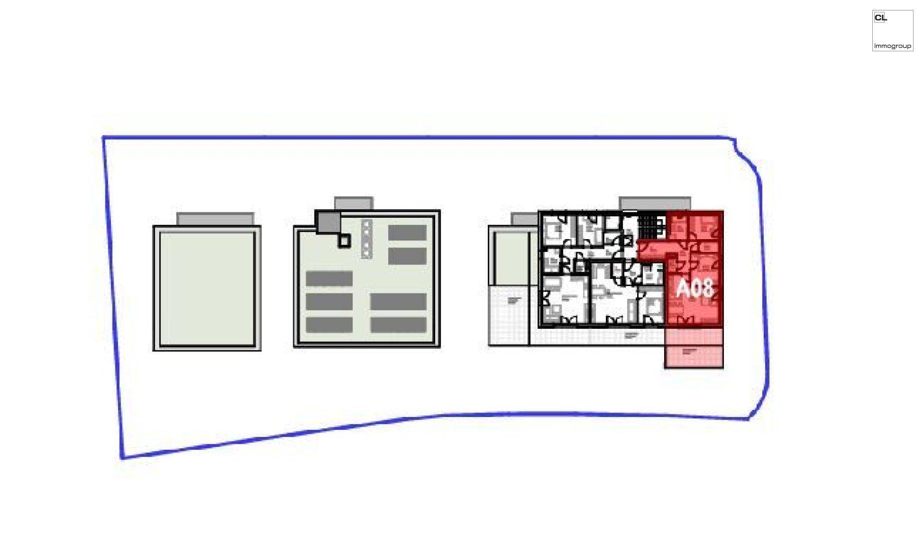 Übersichtsplan des Gebäudekomplexes mit hervorgehobener Wohneinheit A08 und Grundstücksgrenze.
