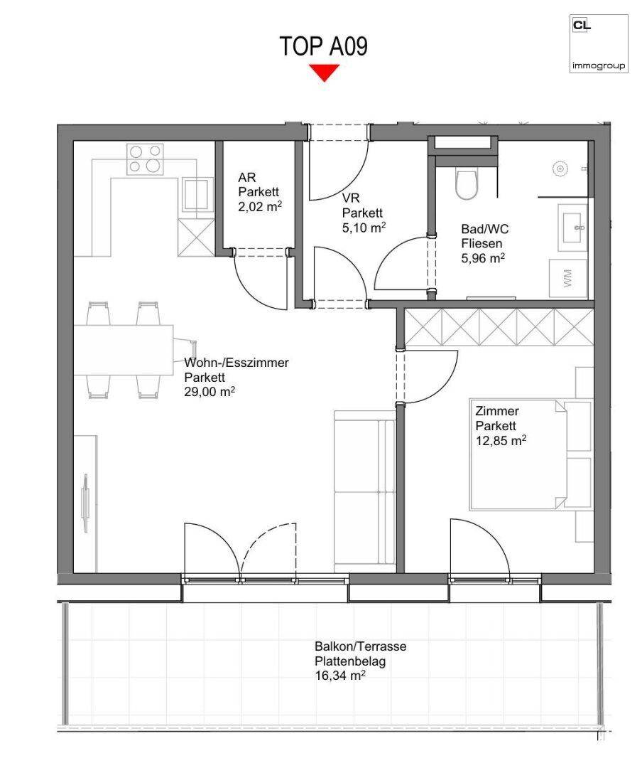 Detaillierter Grundriss der Wohnung A09 mit Wohn-Esszimmer, Schlafzimmer und großem Balkon.