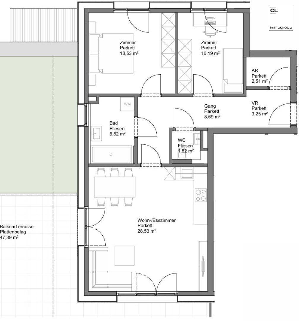 Detaillierter Grundriss einer Wohnung mit Wohn-Esszimmer, zwei Schlafzimmern und großer Terrasse.