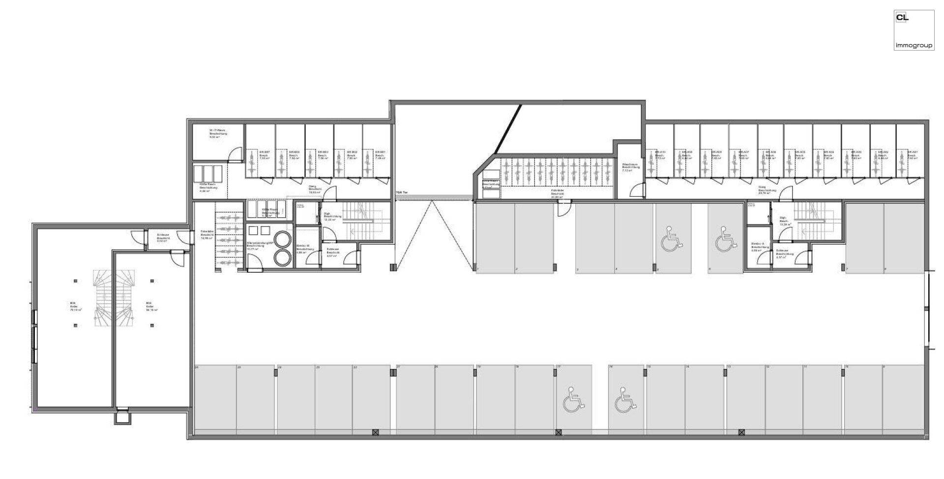 Grundriss der Tiefgarage mit zahlreichen Stellplätzen und Abstellräumen.