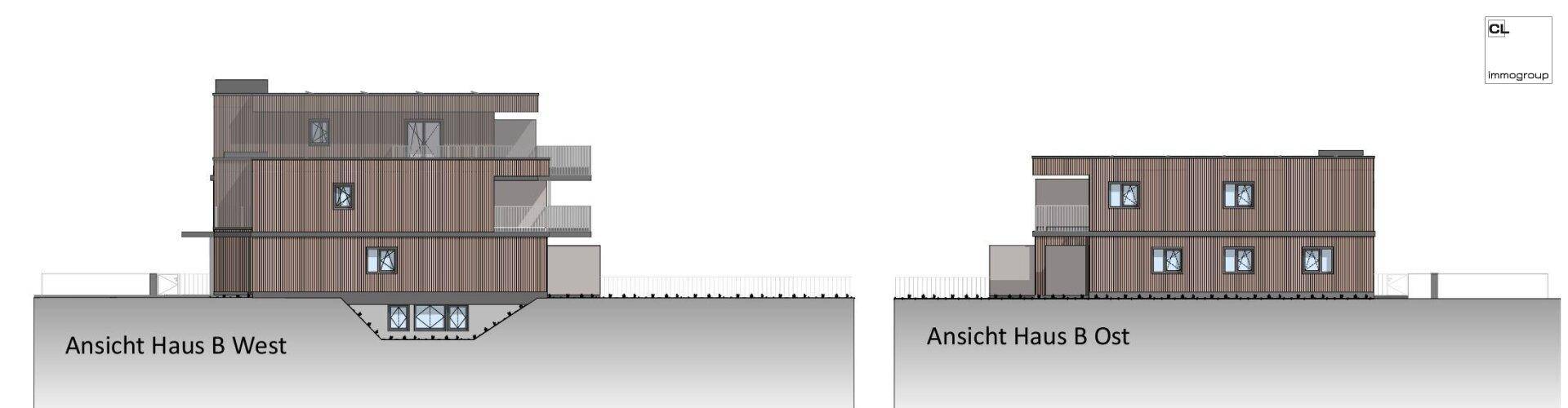 Architektonische Ansichten der West- und Ostfassade des Gebäudes mit Balkonen.