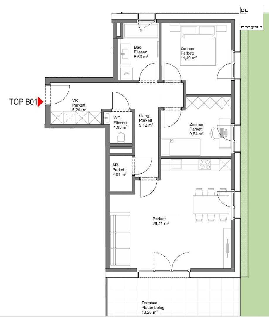 Detaillierter Grundriss einer Wohnung mit Terrasse, drei Zimmern und separatem WC.