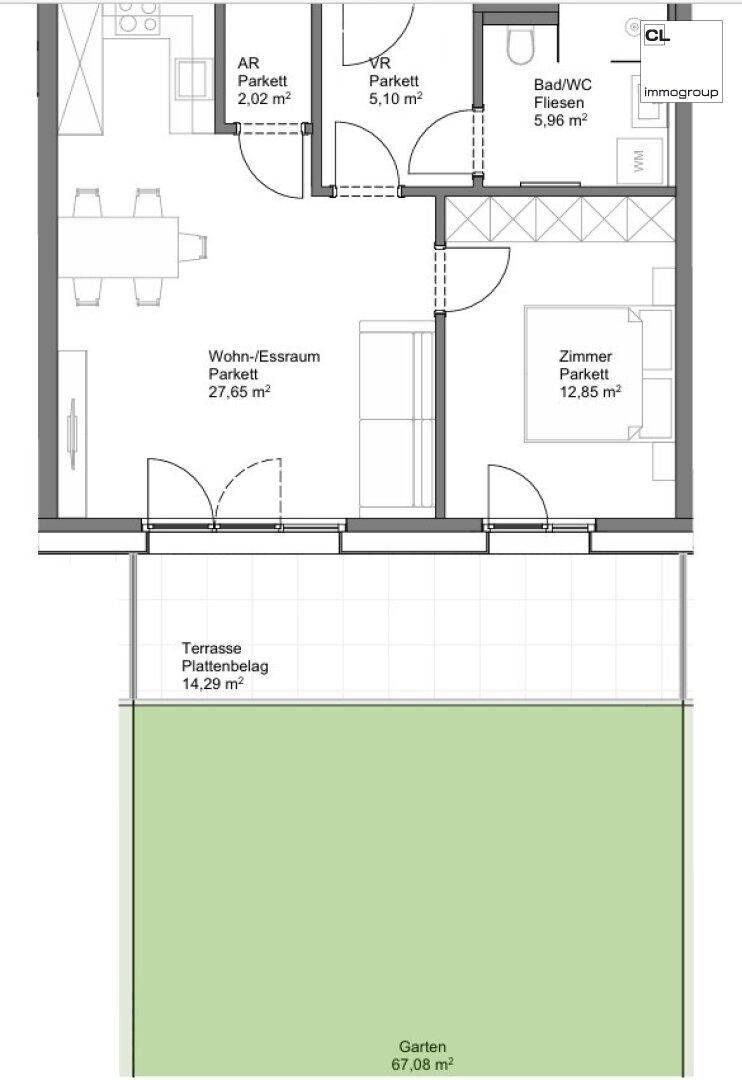 Grundriss einer Wohnung mit offenem Wohn-Essbereich, Schlafzimmer, Bad, Terrasse und Garten.