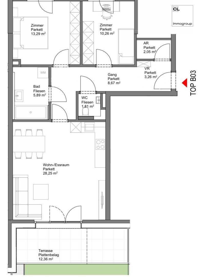 Detaillierter Grundriss einer Wohnung mit offenem Wohn-Essbereich, zwei Zimmern und Terrasse.