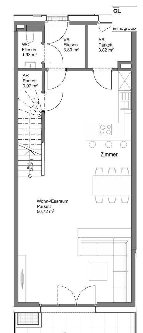 Grundriss des Erdgeschosses mit offenem Wohn-Essbereich, Küche und separatem WC.