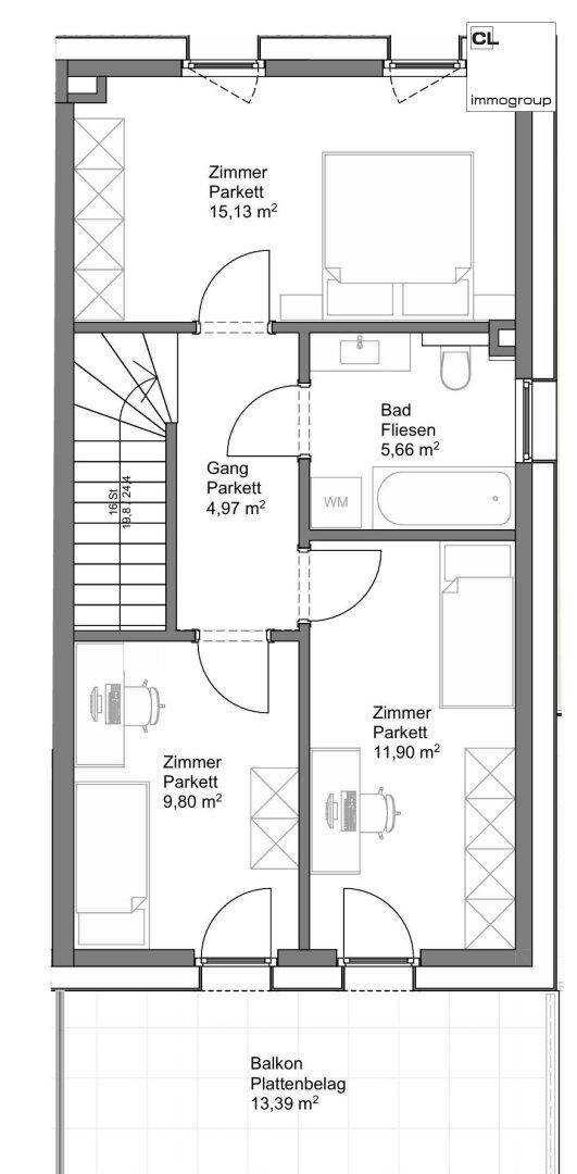 Grundriss des Obergeschosses mit drei Zimmern, einem Badezimmer und einem großen Balkon.