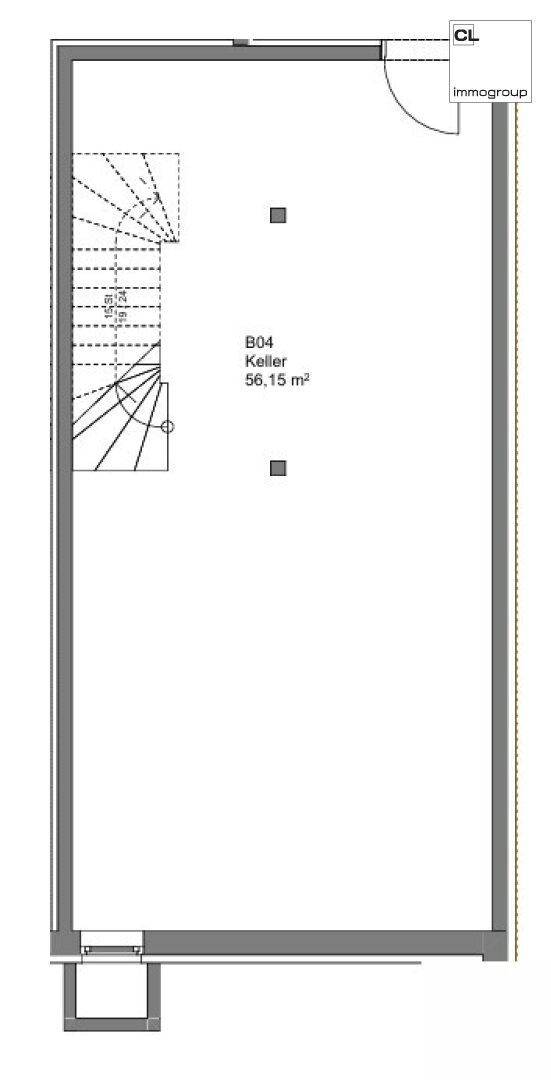 Grundriss des Kellers für Einheit B04 mit Treppenzugang und großem Stauraum.