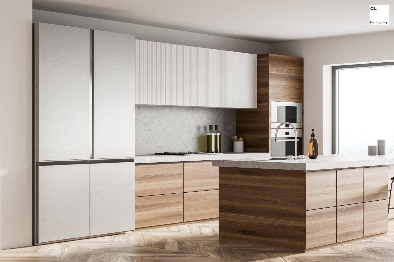 Moderne Küche mit hellen Holz- und weißen Schränken, einer Kücheninsel und Parkettboden.