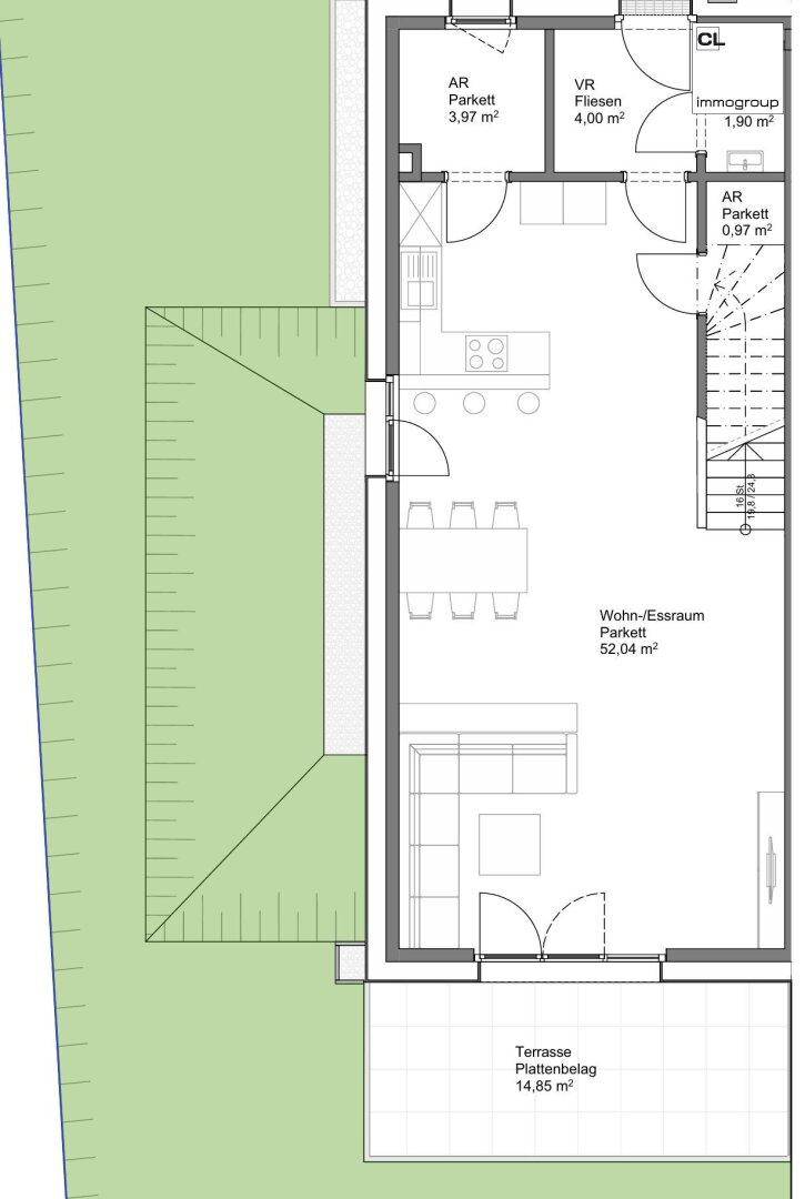 Grundriss des Erdgeschosses mit offenem Wohn-Essbereich, Küche und Zugang zur Terrasse mit Garten.