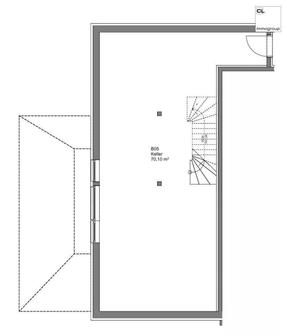 Grundriss des Kellers mit Treppenzugang und großem Stauraum.