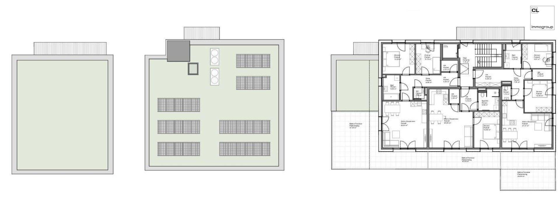 Verschiedene Ansichten eines Gebäudes, inklusive Dachplan mit Photovoltaikanlage und Grundriss.
