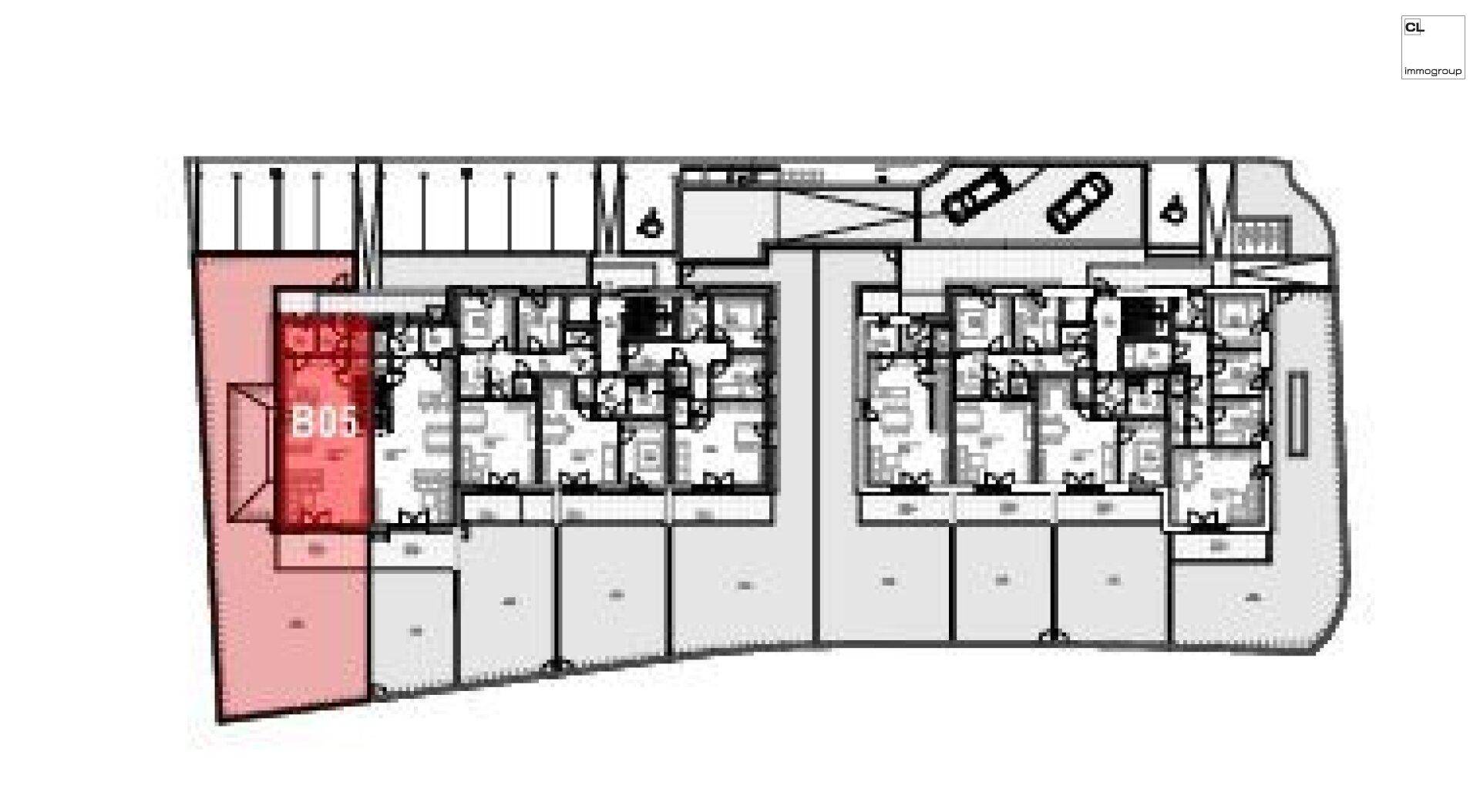 Übersichtsplan eines Gebäudekomplexes mit mehreren Wohneinheiten und Tiefgaragenstellplätzen.