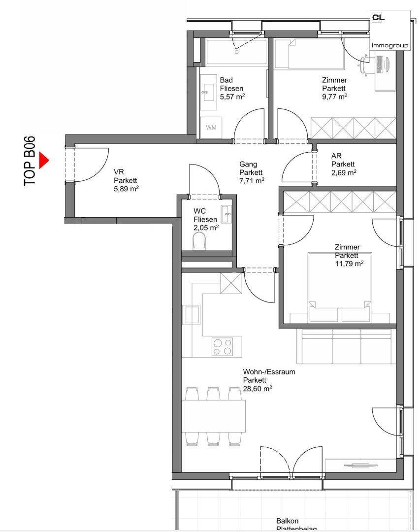 Detaillierter Grundriss der Wohnung TOP B06 mit Wohn-Essraum und Balkon.