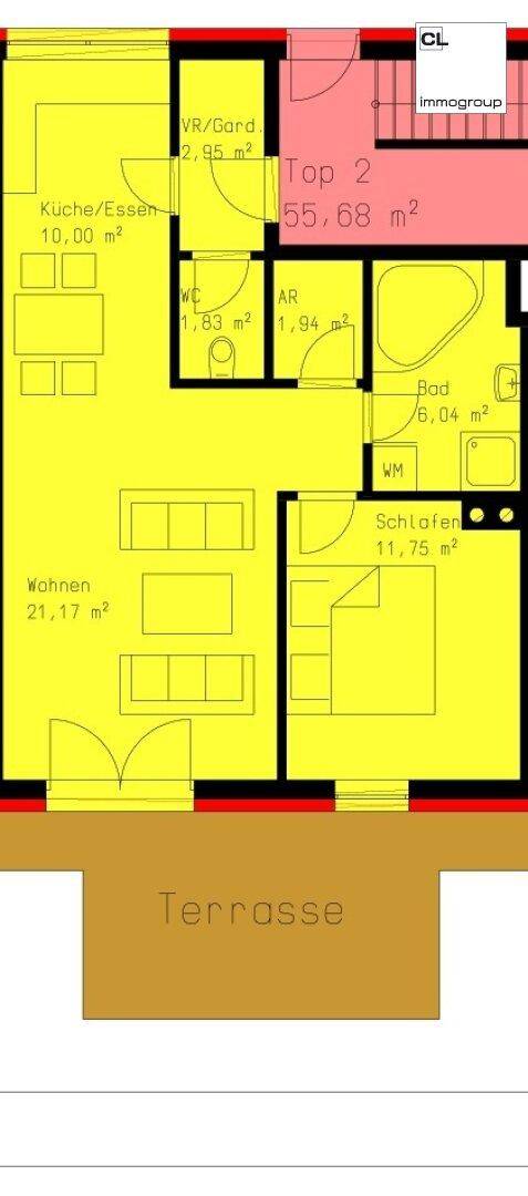 Grundriss der Wohnung Top 2 mit 55,68 m², Terrasse und offenem Wohnbereich.