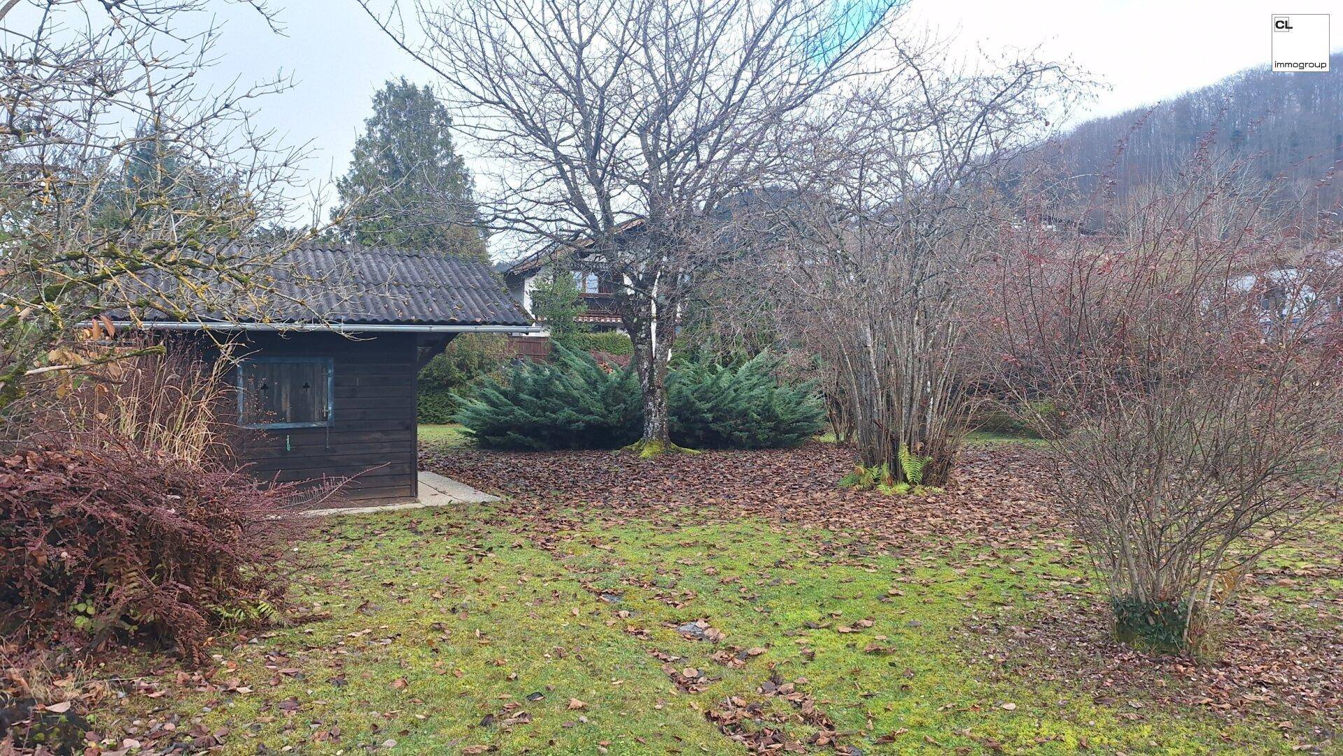 Großer Gartenbereich mit Rasen, Bäumen und einem kleinen Holzschuppen, umgeben von natürlicher Vegetation.