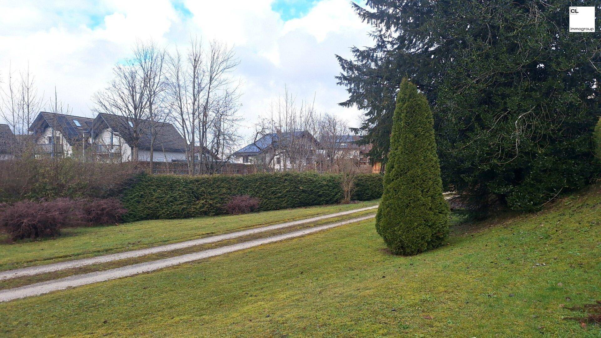 Lange Auffahrt durch einen grünen Garten mit gepflegtem Rasen und hohen Hecken, umgeben von Bäumen.
