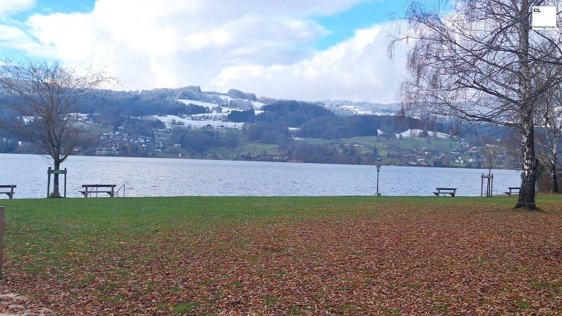Malerischer Blick auf einen ruhigen See mit bewaldeten Hügeln im Hintergrund und Bänken am Ufer.