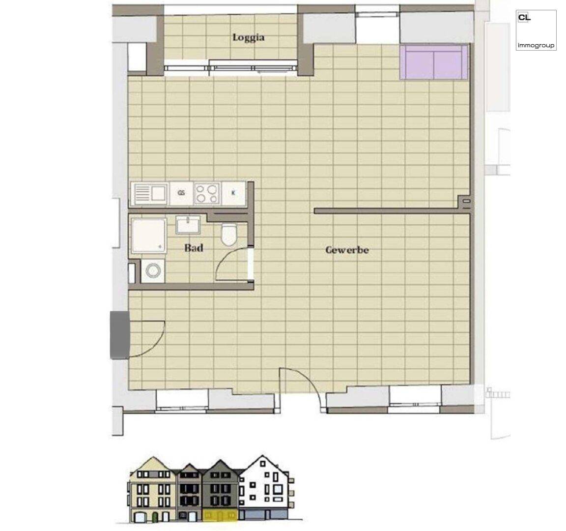 Grundriss einer Gewerbeeinheit mit Bad und Loggia.