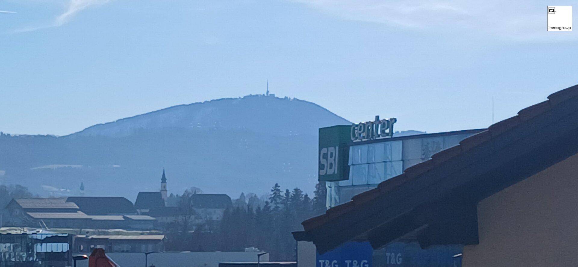 Panoramablick auf einen Berg in der Ferne mit einigen Gebäuden im Vordergrund.