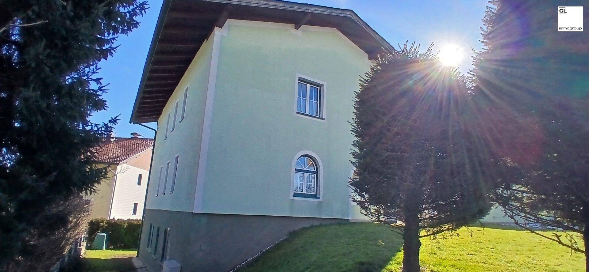 Seitenansicht des Hauses mit grüner Fassade, Bäumen und sonnigem Gartenbereich.
