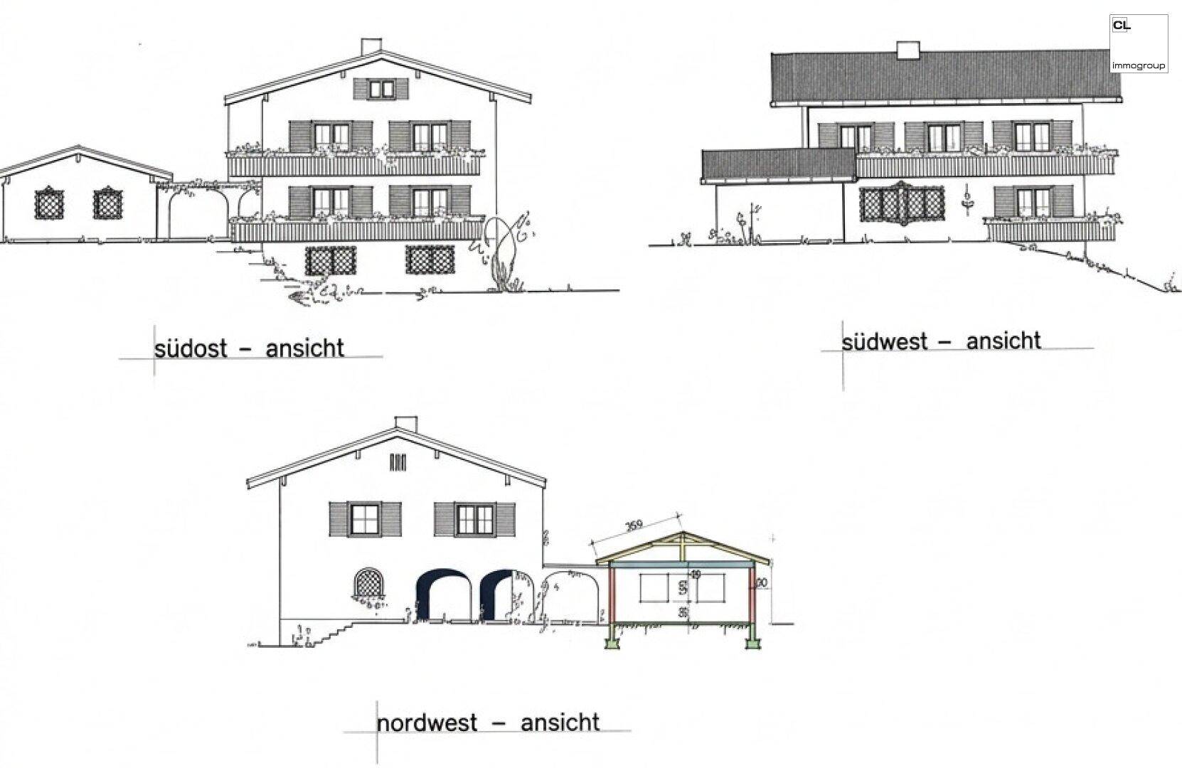Architektonische Ansichten des Hauses von Südost, Südwest und Nordwest mit Balkonen.