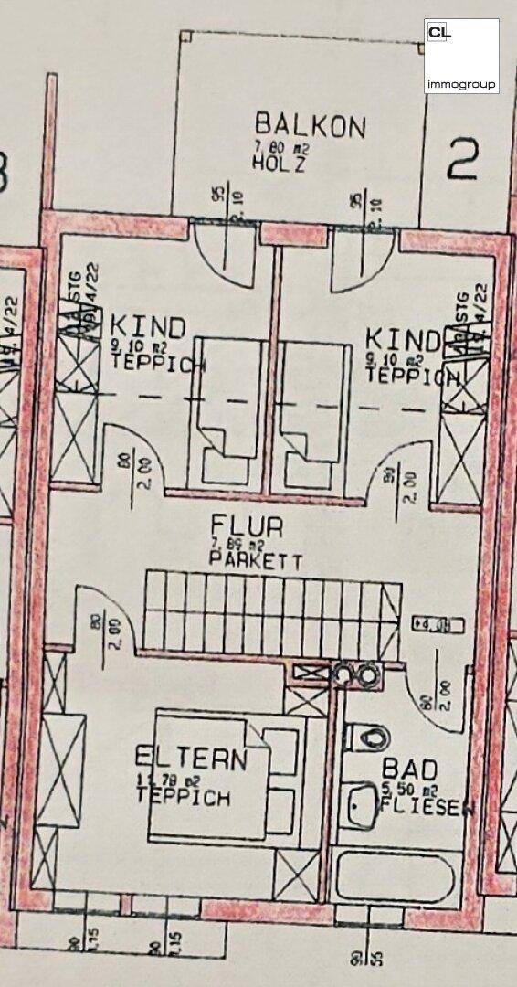 Grundriss des Obergeschosses mit Schlafzimmern, Bad und Balkon.