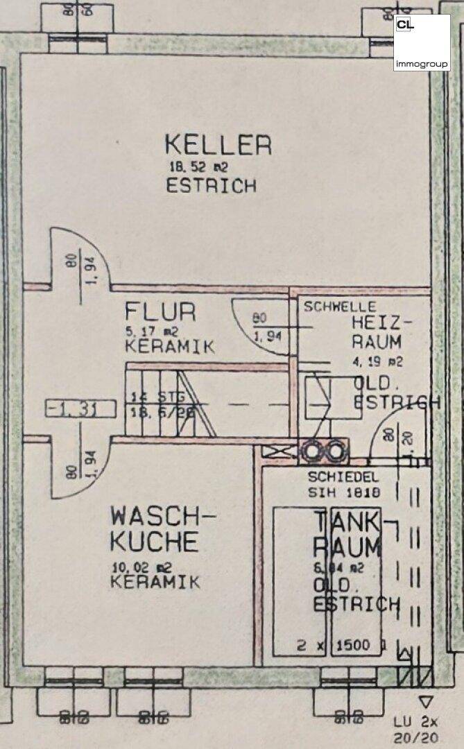Grundriss des Kellers mit Flur, Heizraum, Waschküche und Tankraum.