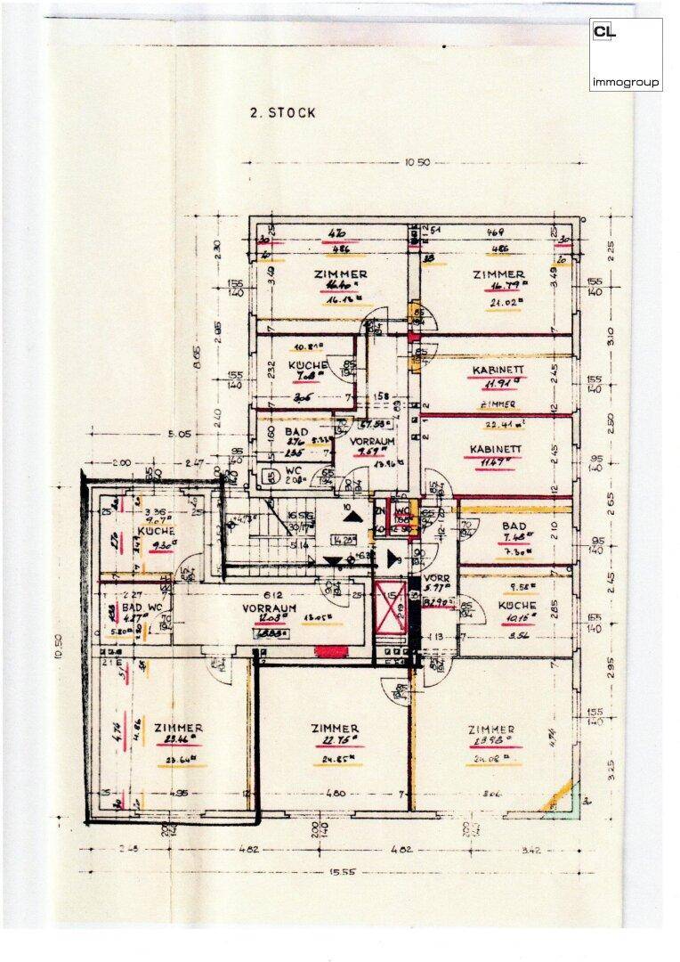 Detaillierter Grundriss des zweiten Stocks mit Zimmern, Küche, Bad und WC.