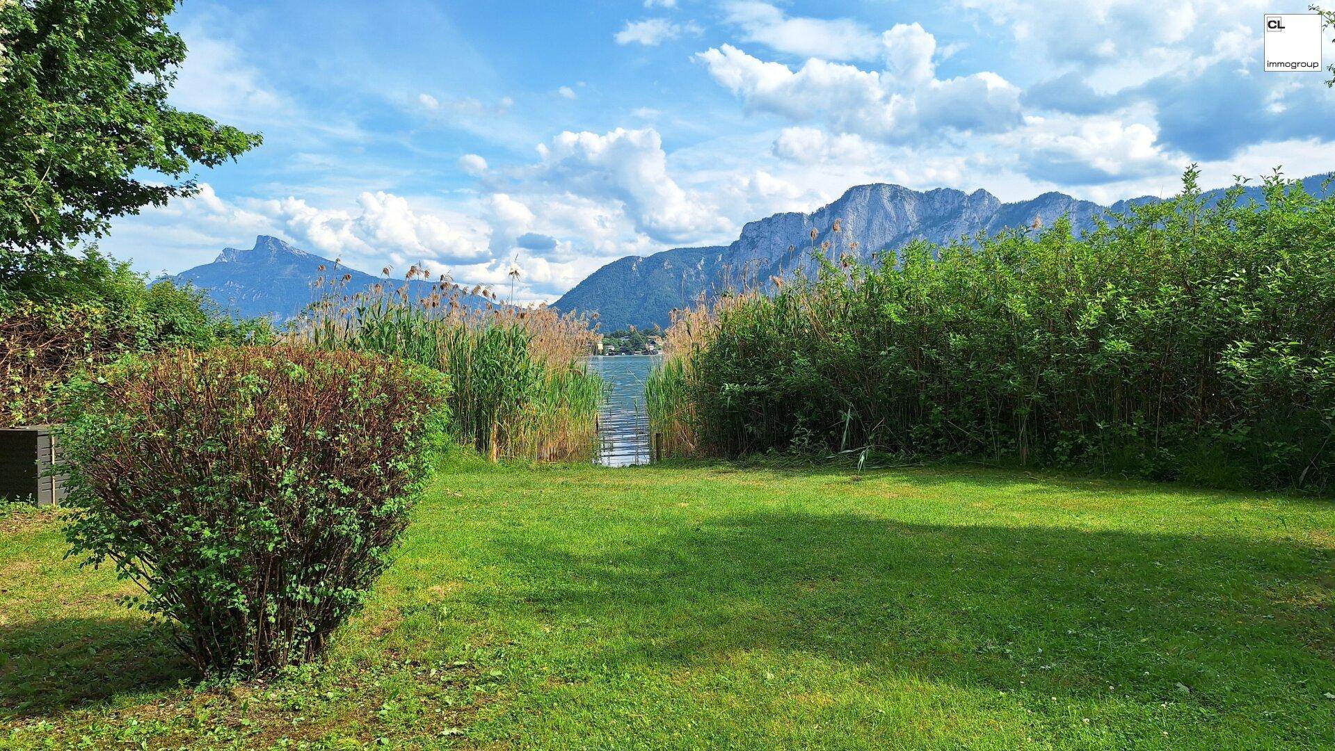 Gepflegte Rasenfläche mit Zugang zum See, umgeben von Schilf und einer malerischen Bergkulisse.