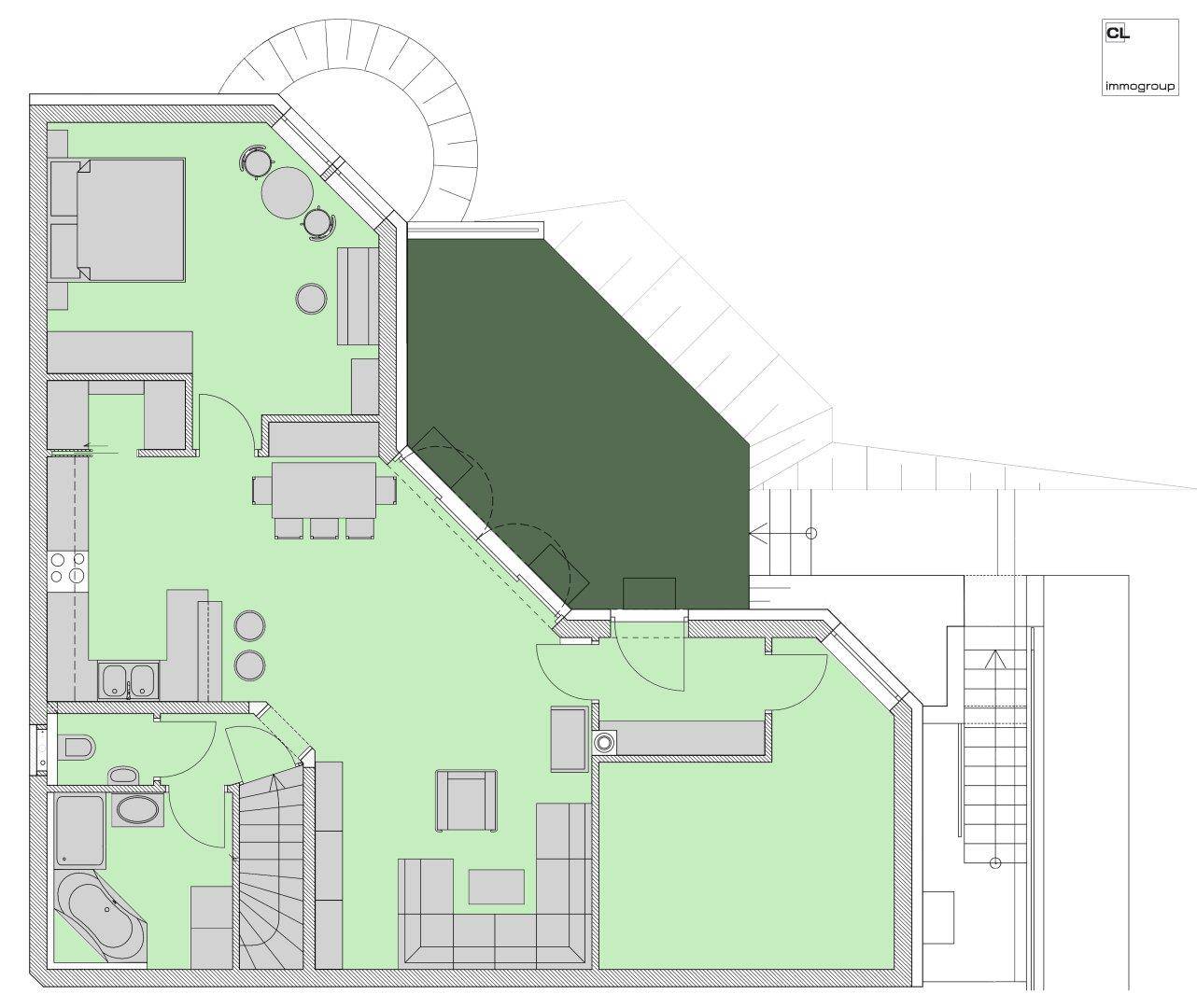 Detaillierter Grundriss einer Wohnebene mit Schlafzimmer, Bad, Küche und Wohnbereich.