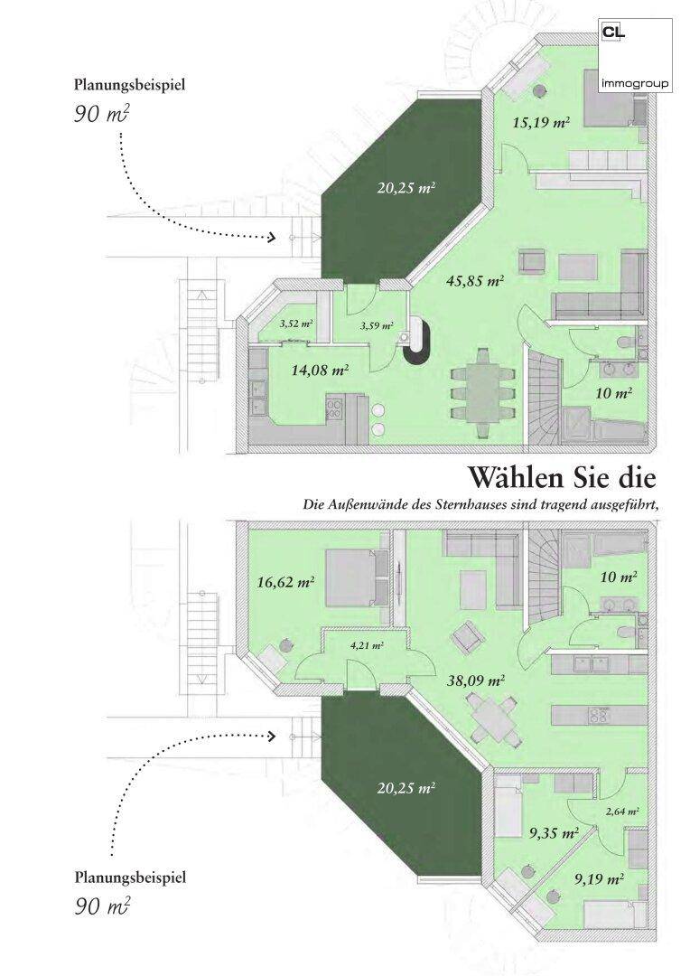 Zwei Planungsbeispiele für Wohnebenen mit unterschiedlichen Raumaufteilungen und Flächenangaben.