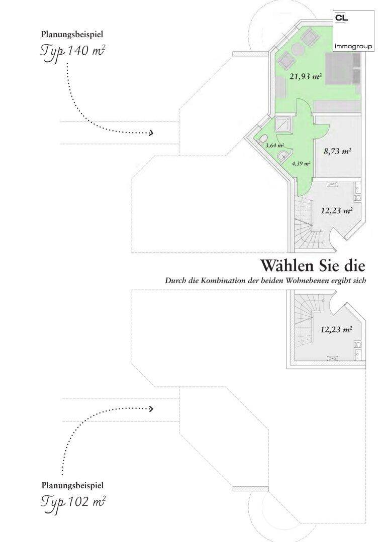 Planungsbeispiel für zwei Wohnebenen mit unterschiedlichen Grundrissvarianten und Flächenangaben.