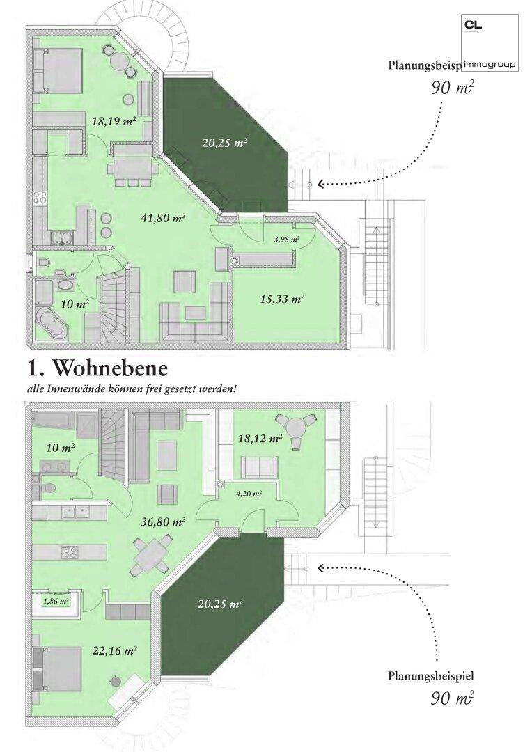 Grundriss der ersten Wohnebene mit Schlafzimmer, Wohnbereich und Küche als Planungsbeispiel.
