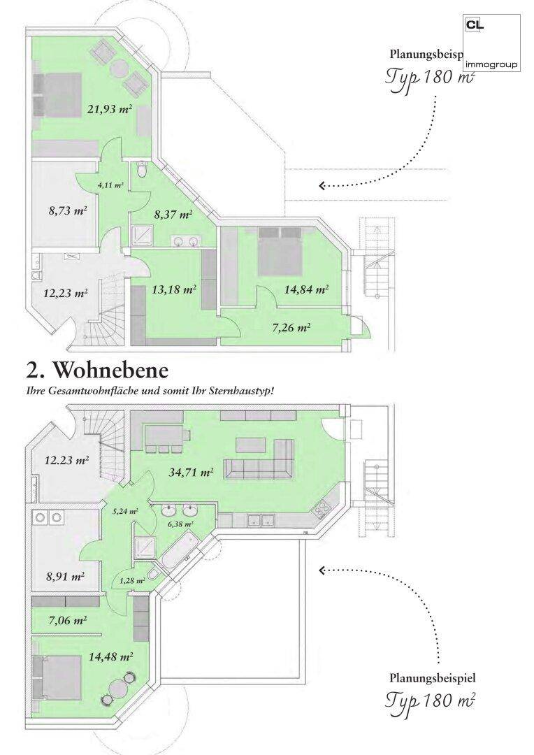 Grundriss der zweiten Wohnebene mit Schlafzimmern, Bädern und offenem Wohnbereich als Planungsbeispiel.