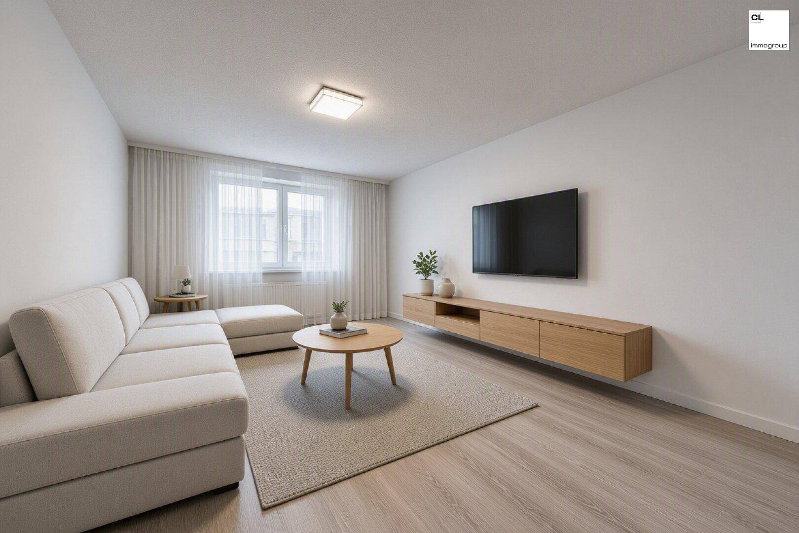 Modernes Wohnzimmer mit hellem Sofa, Holzboden und wandmontiertem TV-Möbel für minimalistisches Design.