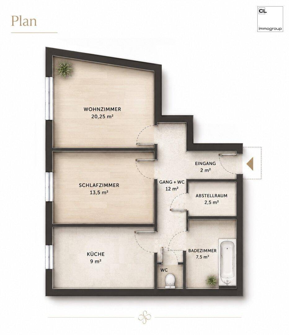 Detaillierter Grundriss der Wohnung mit Wohnzimmer, Schlafzimmer, Küche und Badezimmer.