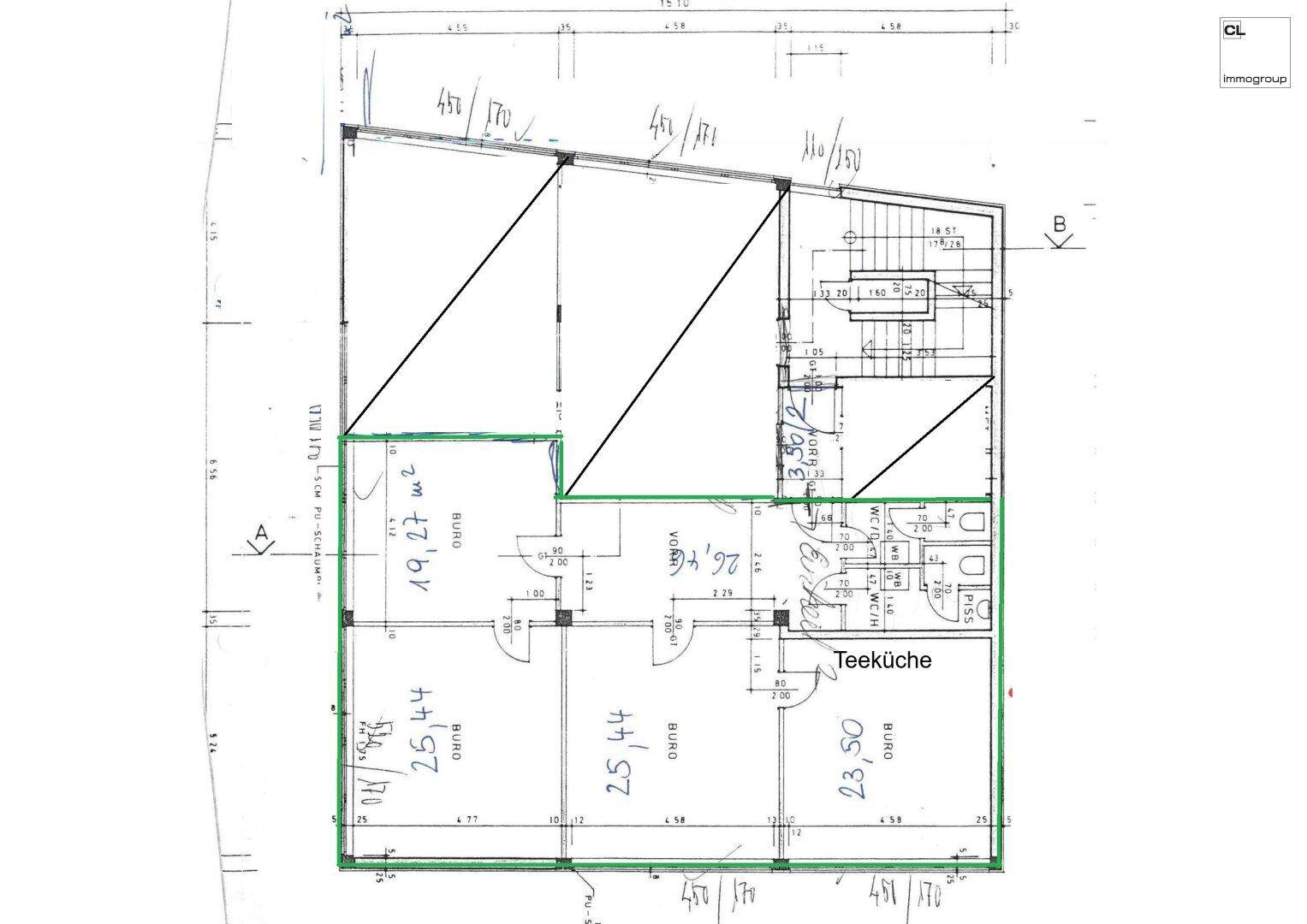 Grundrissplan mit mehreren Büroräumen, einer Teeküche und Sanitäranlagen, inklusive Treppenhauszugang.