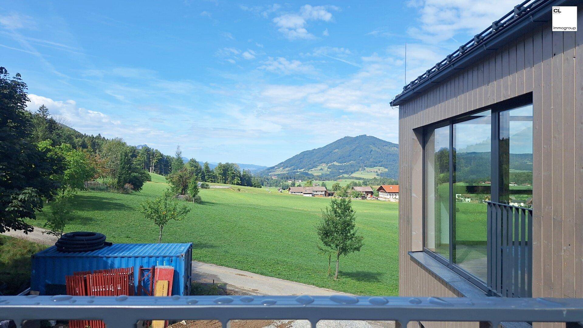 Panoramablick von einem Balkon über die weite grüne Landschaft und ferne Berge.